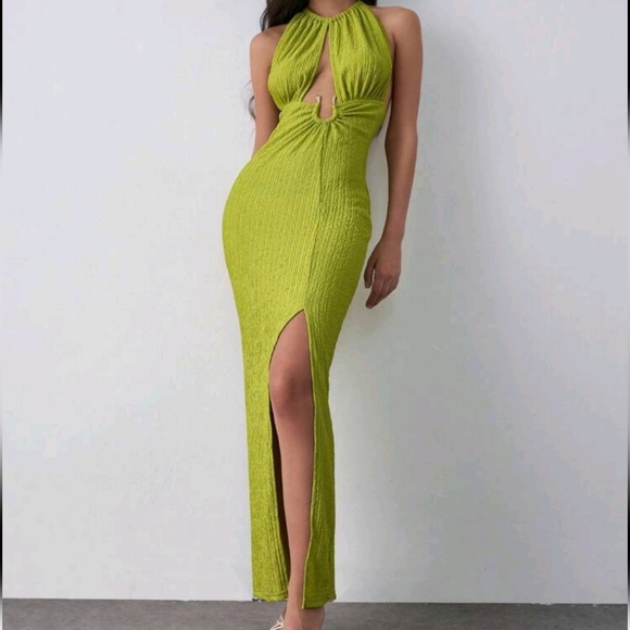 Sexy Solid Color Hollow Backless High Slit Halter Neck Dress - Picture 3 of 5